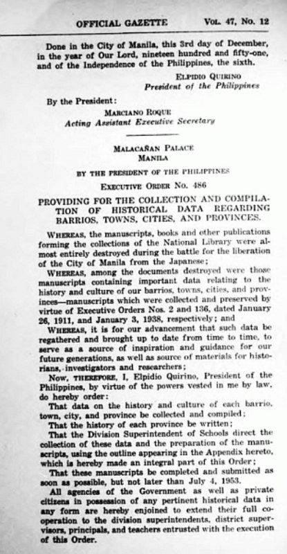 1953 History and Cultursl Life of Abra Project (1) Presidential Executive Order 486, December 1951 by President Elpidio Quirino . Page 1